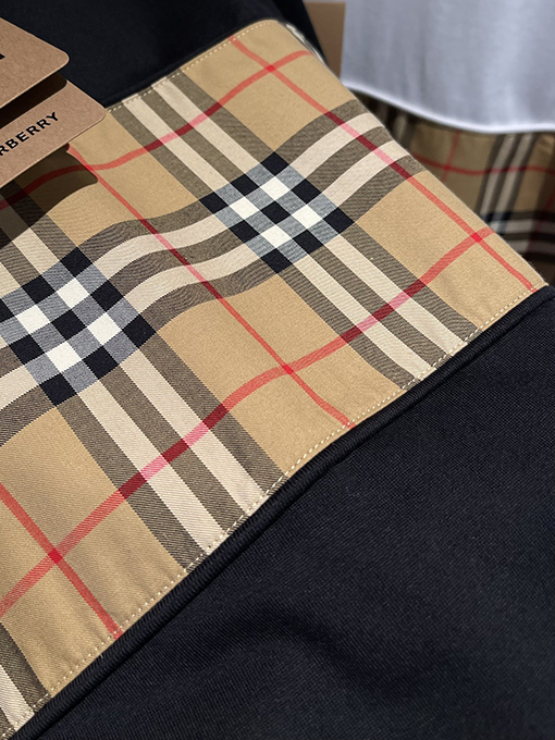 バーバリーコピー  チェック柄パッチワークコットン半袖Tシャツ