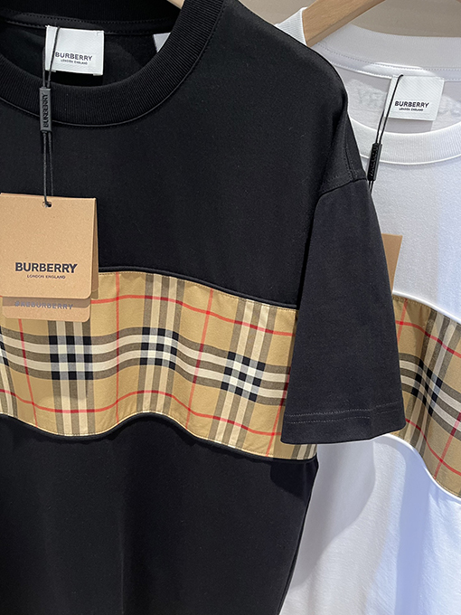 バーバリーコピー  チェック柄パッチワークコットン半袖Tシャツ