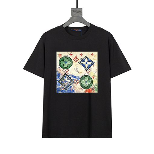 ルイヴィトンコピー プリントファッションショートラウンドリーダーTシャツ