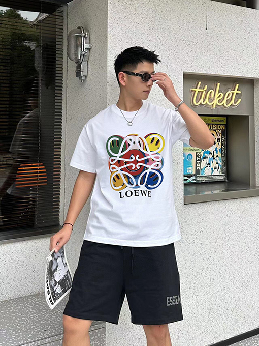 ロエベスーパーコピー ロゴプリントファッションプルラックリブ半袖Tシャツ