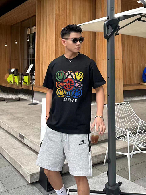 ロエベスーパーコピー ロゴプリントファッションプルラックリブ半袖Tシャツ
