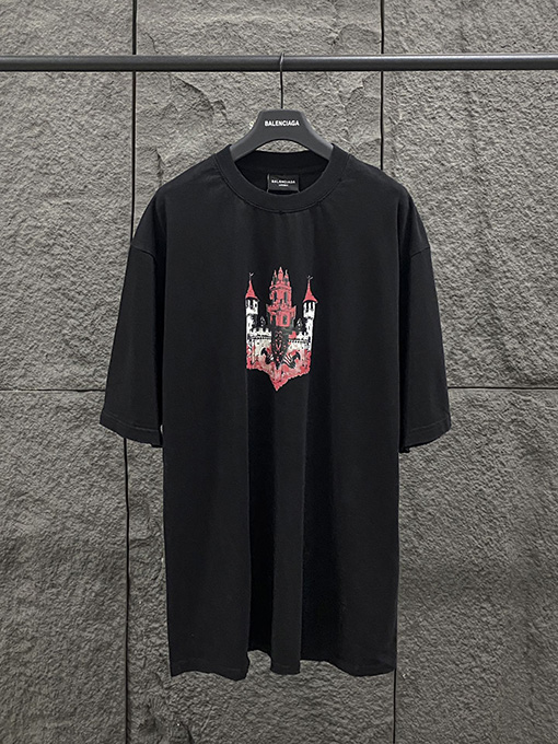 バレンシアガコピー 新しい城の柄の直噴プリント半袖Tシャツ