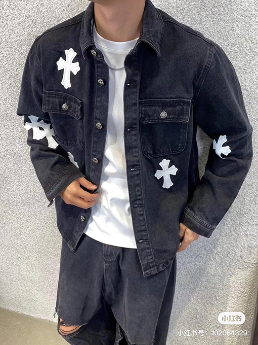 クロムハーツコピー レザークロスレザー刺繍デニムジャケット