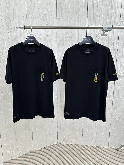 クロムハーツ スタイリッシュなゴールドのキラキラ半袖Tシャツ