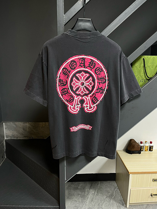 クロムハーツ レザーロゴフォームラウンドネックファッション半袖Tシャツ