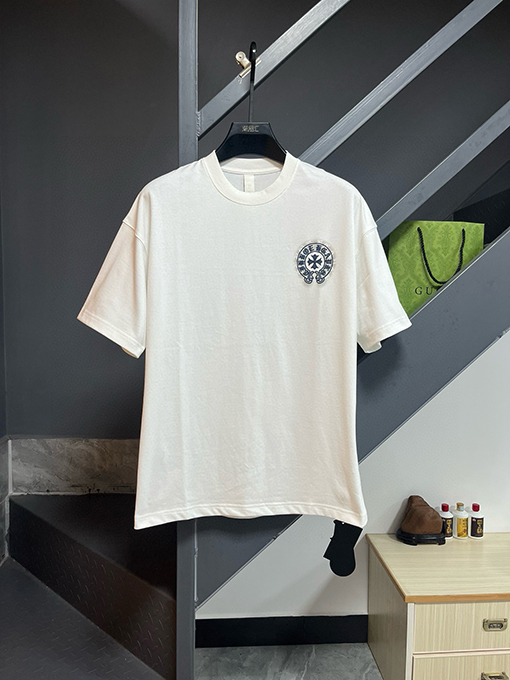 クロムハーツ レザーロゴフォームラウンドネックファッション半袖Tシャツ