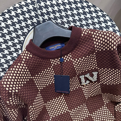 ルイヴィトン ラインストーン刺繍コーヒーチェック柄ニット長袖シャツ