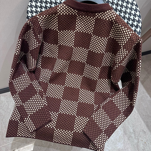 ルイヴィトン ラインストーン刺繍コーヒーチェック柄ニット長袖シャツ