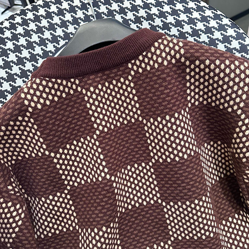 ルイヴィトン ラインストーン刺繍コーヒーチェック柄ニット長袖シャツ