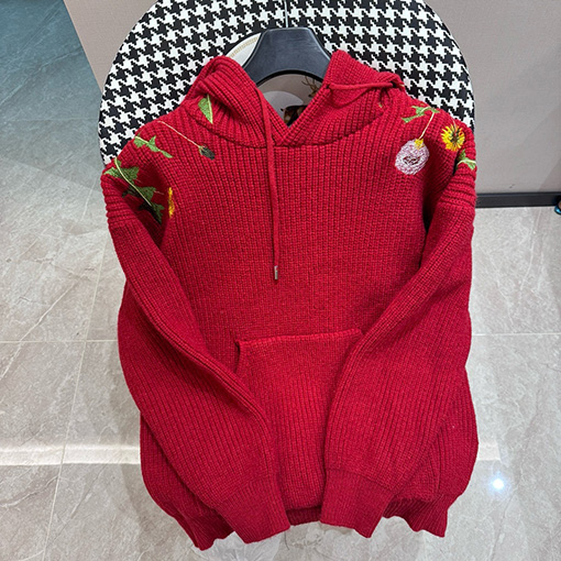 ロエベコピー 刺繍ドローコード花柄フード付きニットパーカー