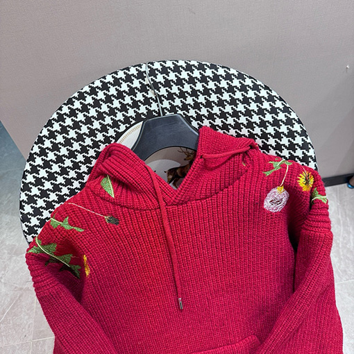 ロエベコピー 刺繍ドローコード花柄フード付きニットパーカー
