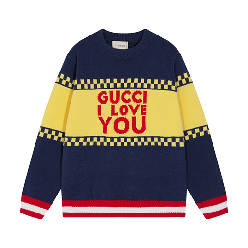 グッチコピー クイエローチェックiloveyouジャカードクルーネックセーター