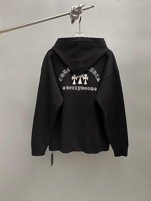 クロムハーツコピー 新しいクロス文字刺繍フード付きジッパーニットセーター