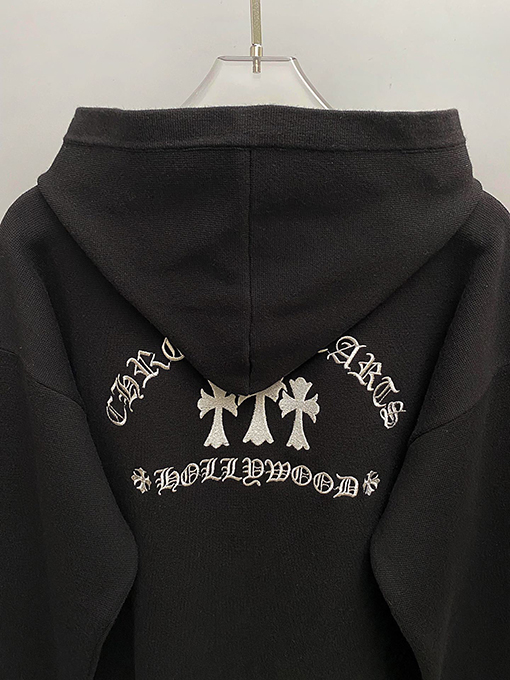 クロムハーツコピー 新しいクロス文字刺繍フード付きジッパーニットセーター