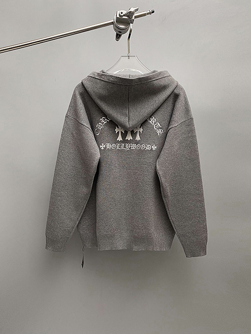 クロムハーツコピー 新しいクロス文字刺繍フード付きジッパーニットセーター