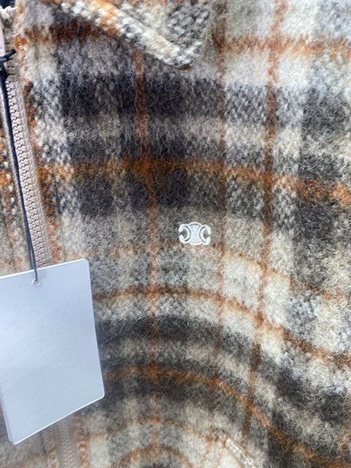 セリーヌ 新しいロゴ刺繍チェック柄ウールラペルコート