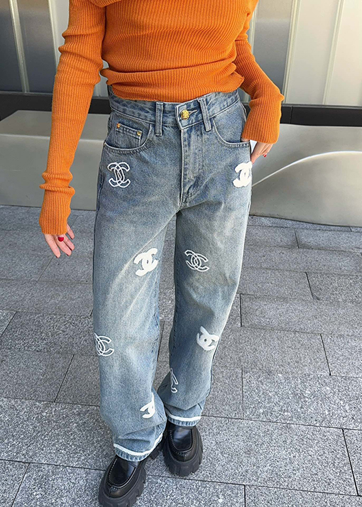 シャネルコピー レディース タオル刺繍ロゴデニムパンツ