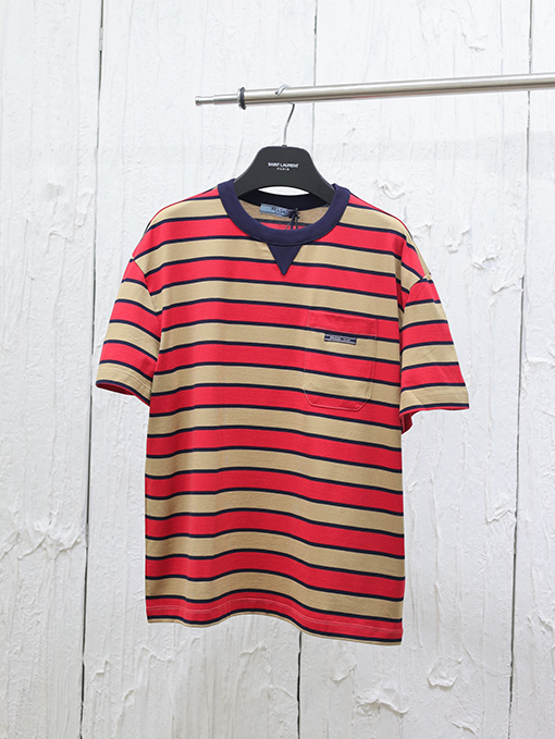 プラダコピー25 ss新しい三角パッチポケットストライプニットTシャツ