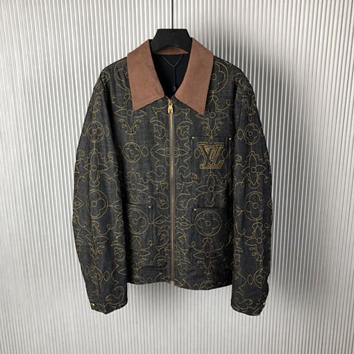 ルイヴィトン 新しいブラックゴールド刺繍デニムワークジャケット