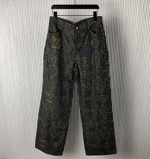 ルイヴィトン 新しいブラックゴールド刺繍デニムパンツ