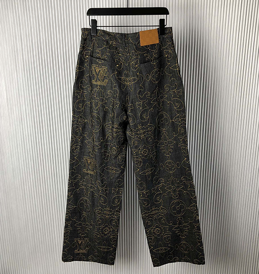ルイヴィトン 新しいブラックゴールド刺繍デニムパンツ