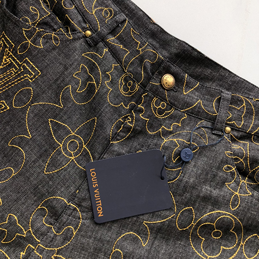ルイヴィトン 新しいブラックゴールド刺繍デニムパンツ