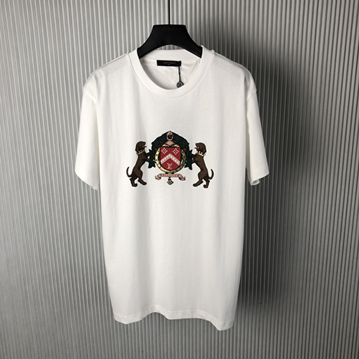 ルイヴィトン 新しいダブルドッグプリント装飾ディテールコットン半袖Tシャツ