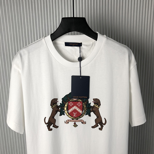 ルイヴィトン 新しいダブルドッグプリント装飾ディテールコットン半袖Tシャツ