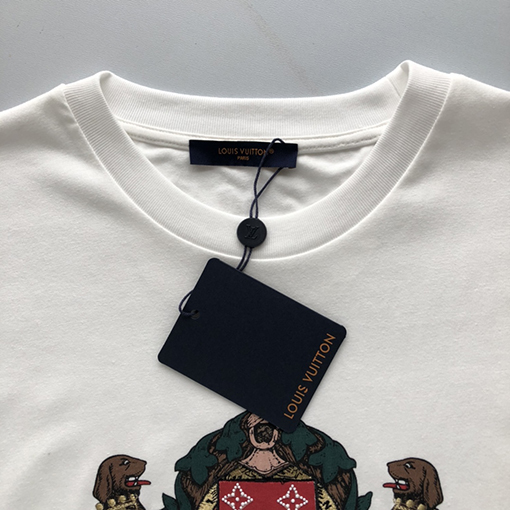 ルイヴィトン 新しいダブルドッグプリント装飾ディテールコットン半袖Tシャツ