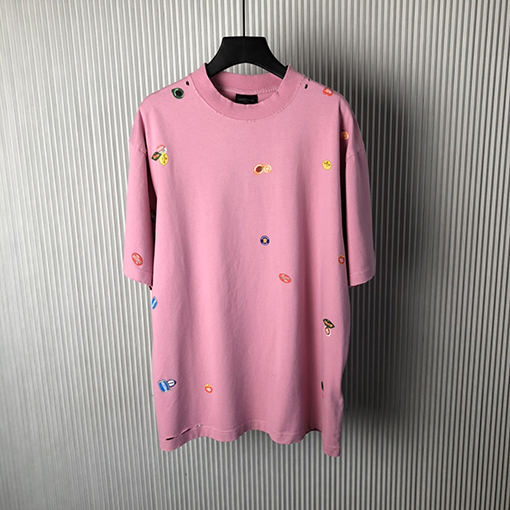 バレンシアガ新しいFruityフェードピンクヴィンテージ平織りニットミディアムサイズ半袖Tシャツ