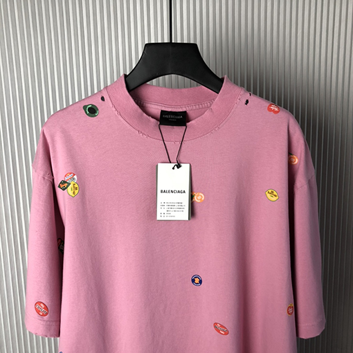 バレンシアガ新しいFruityフェードピンクヴィンテージ平織りニットミディアムサイズ半袖Tシャツ