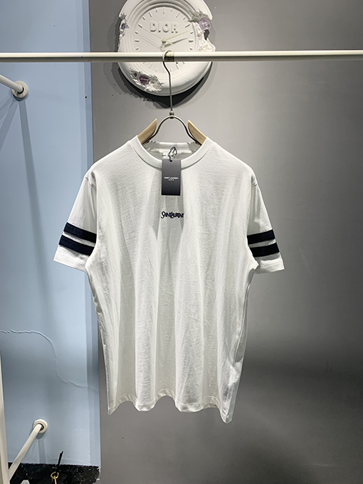 サンローランスーパーコピー2025 ss新しい袖口ウェビングTシャツ