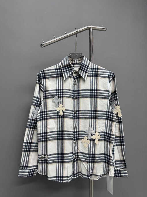 クロムハーツ格子貼り皮刺繍シャツコート