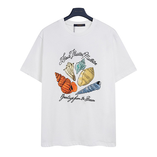 ルイヴィトンコピーシェルコンクプリント刺繍文字半袖Tシャツ