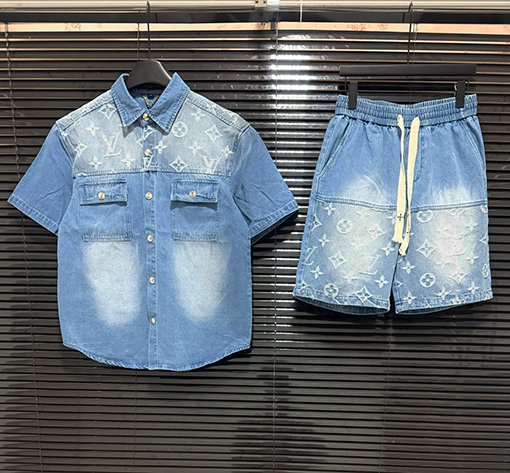 ルイヴィトン新しいウォッシュブルーデニムアルファベット刺繍ステッチデニムセット