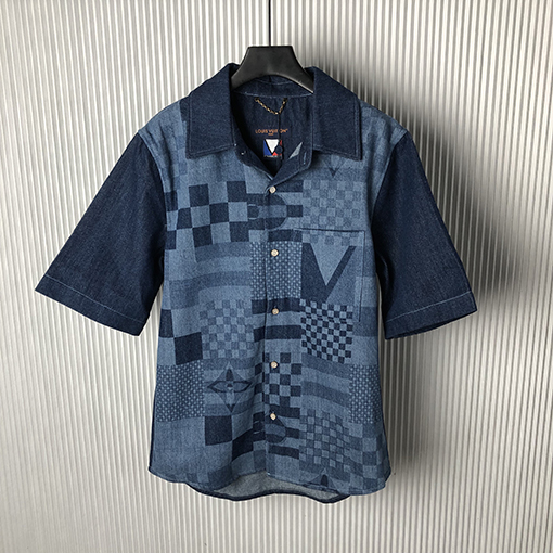 ルイヴィトンアルファベット刺繍デニム半袖シャツ