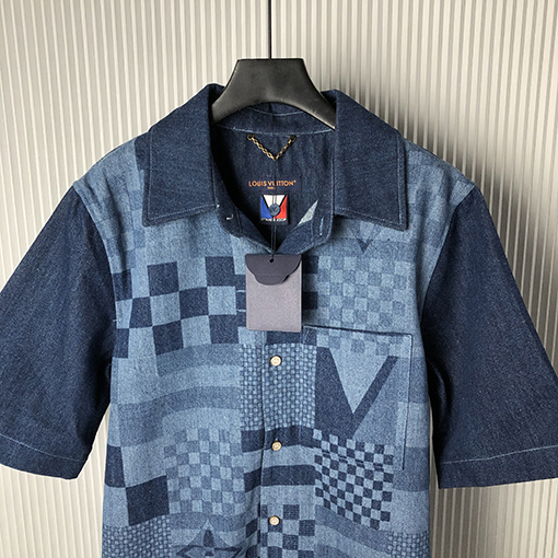 ルイヴィトンアルファベット刺繍デニム半袖シャツ