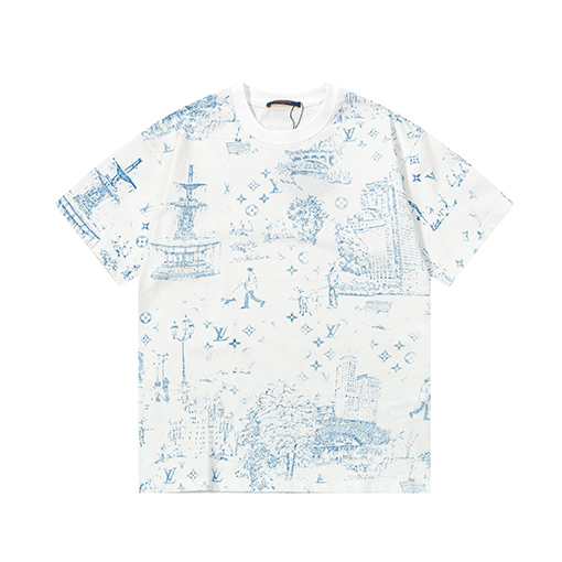 ルイヴィトン ファッショナブルな街の風景アルファベットプリント半袖Tシャツ