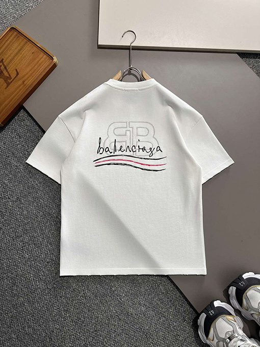 バレンシアガ 新しいダブルB波プリントコットンラウンドネック半袖Tシャツ
