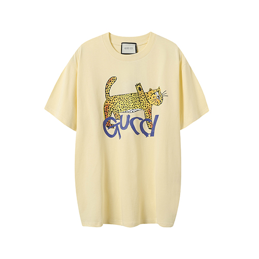 グッチコピーパンサープリントのベージュ半袖Tシャツ