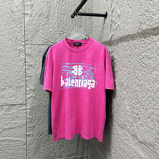 バレンシアガスノーフレーク古いウォッシュレトロなラウンドネック半袖シャツ