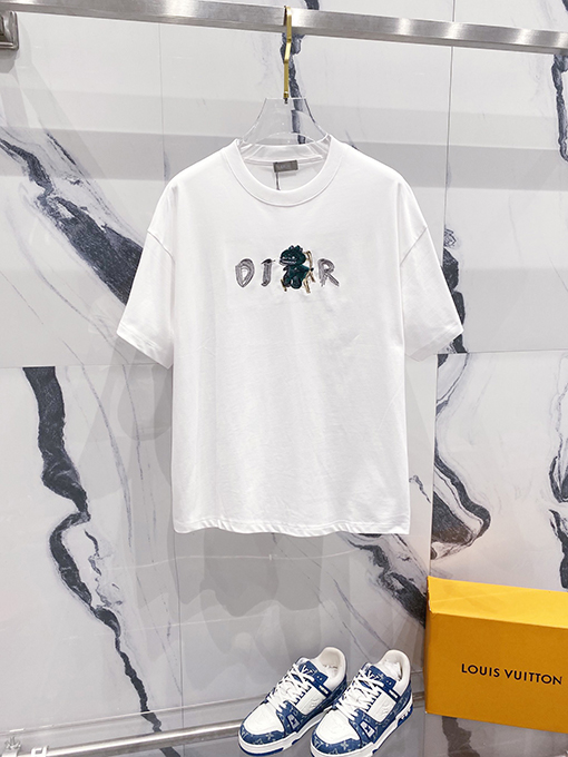 ディオール CDアルファベット漫画小さな恐竜刺繍公式半袖Tシャツ