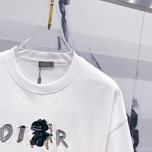 ディオール CDアルファベット漫画小さな恐竜刺繍公式半袖Tシャツ