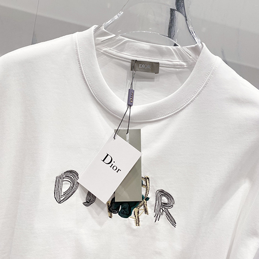 ディオール CDアルファベット漫画小さな恐竜刺繍公式半袖Tシャツ