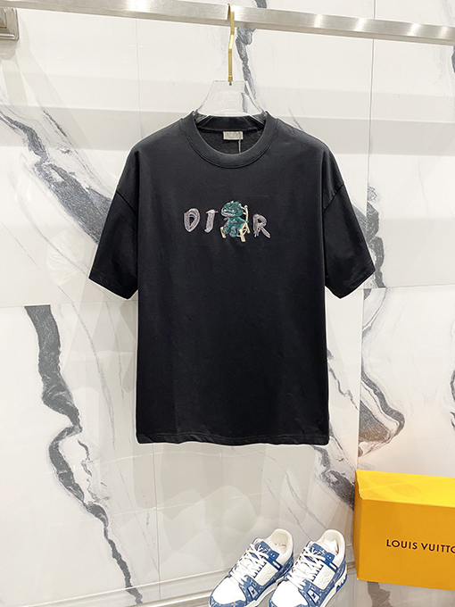 ディオール CDアルファベット漫画小さな恐竜刺繍公式半袖Tシャツ