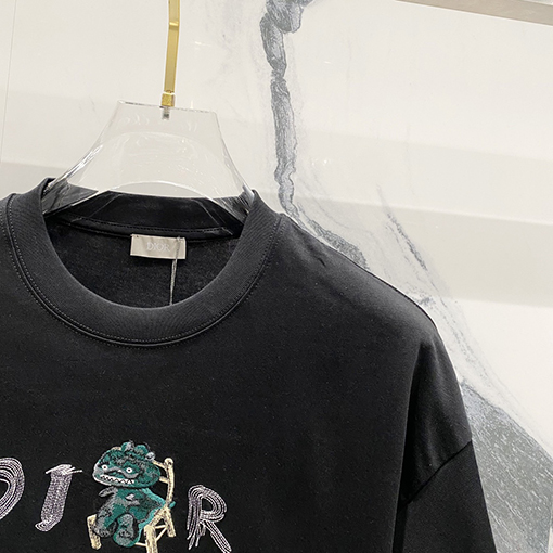 ディオール CDアルファベット漫画小さな恐竜刺繍公式半袖Tシャツ