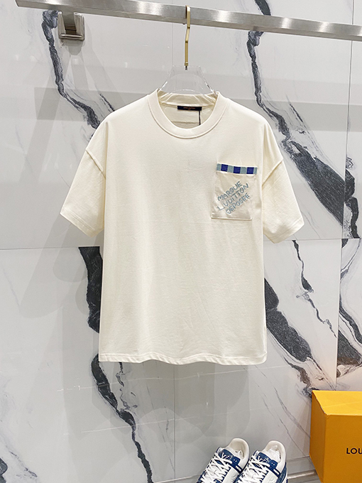 ルイヴィトンチェック柄ポケットアルファベットロゴデザインロゴ半袖Tシャツ