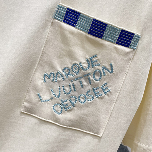 ルイヴィトンチェック柄ポケットアルファベットロゴデザインロゴ半袖Tシャツ