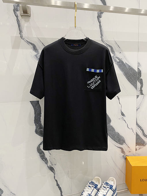 ルイヴィトンチェック柄ポケットアルファベットロゴデザインロゴ半袖Tシャツ