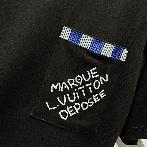 ルイヴィトンチェック柄ポケットアルファベットロゴデザインロゴ半袖Tシャツ